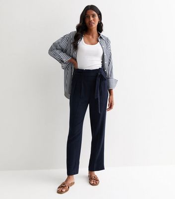 Navy Linen Look Paperbag Trousers New Look