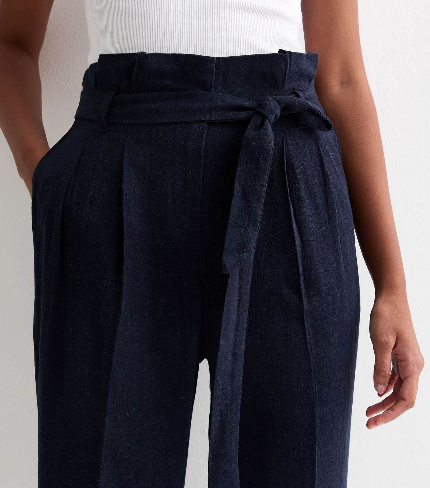 Navy Linen-Look Paperbag Trousers Image 2