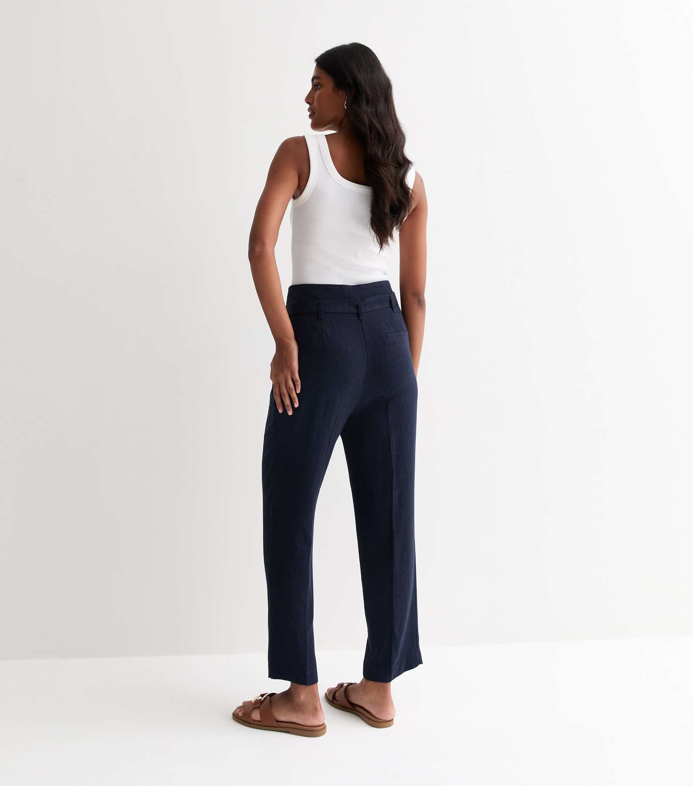 Navy Linen-Look Paperbag Trousers Image 4