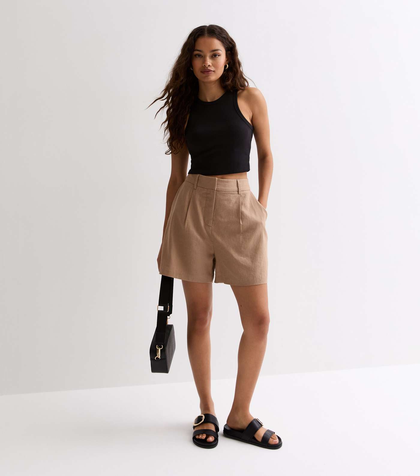 Petite Light Brown Linen Blend Tailored Shorts Image 2