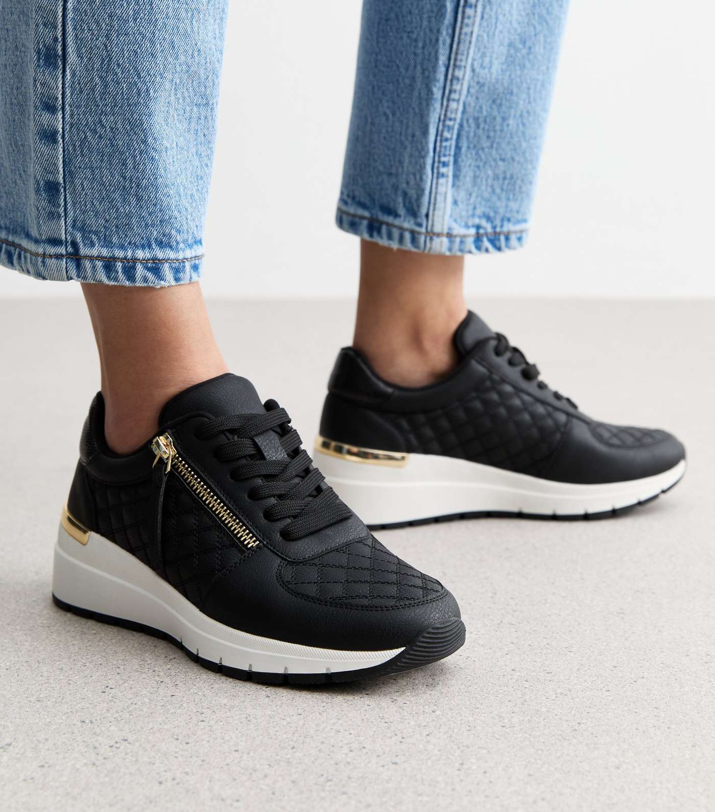 Black Quilted Zip Detail Trainers Image 2