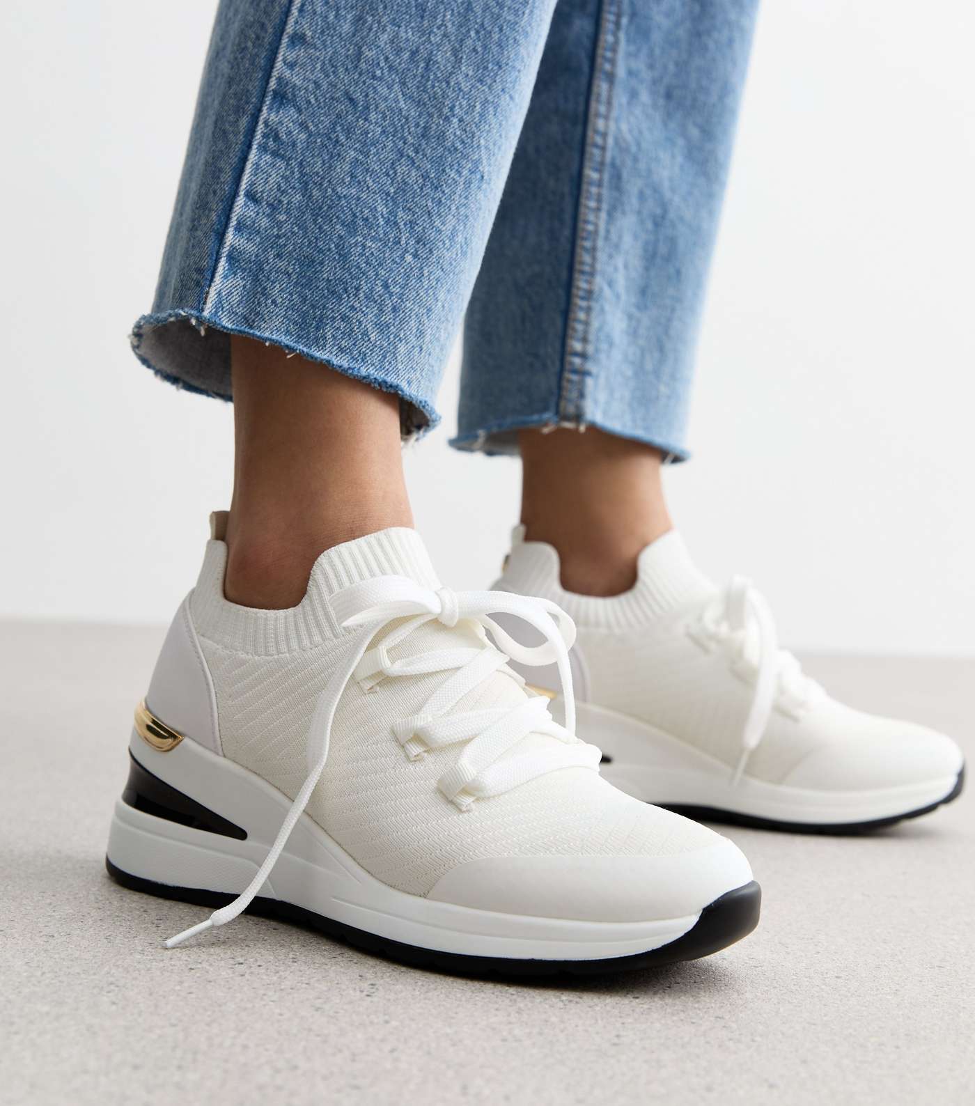 Wide Fit White Knit Wedge Heel Trainers Image 2