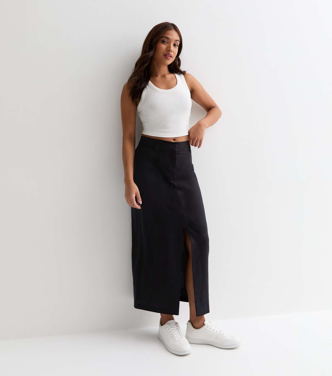Petite Black Linen Blend Split Front Midi Skirt Image 3