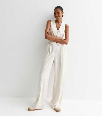Tall White Stripe Print Linen-Blend Wide Leg Trousers