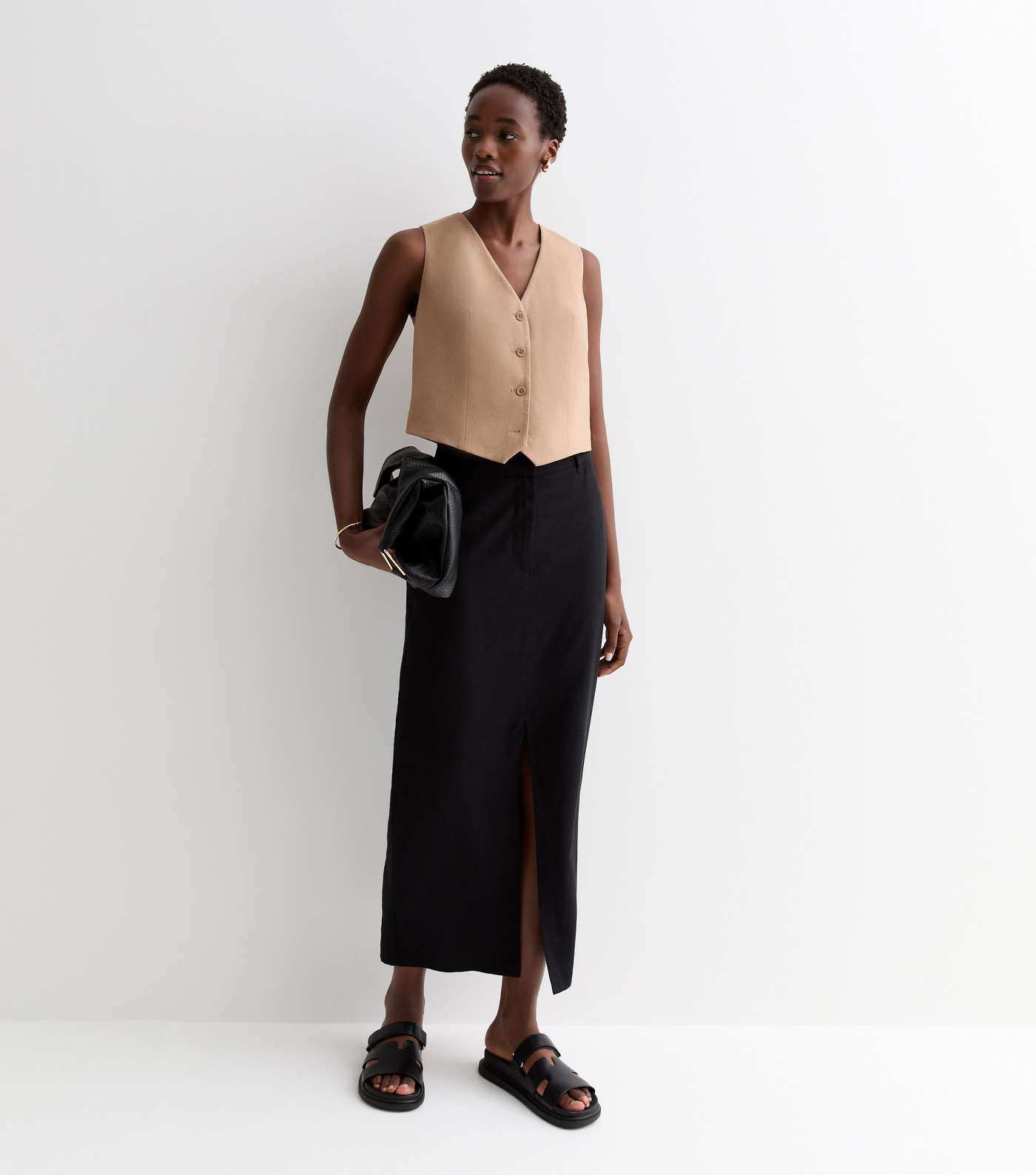 Tall Black Linen Blend Split Front Midi Skirt Image 3