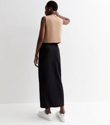 Tall Black Linen Blend Split Front Midi Skirt New Look