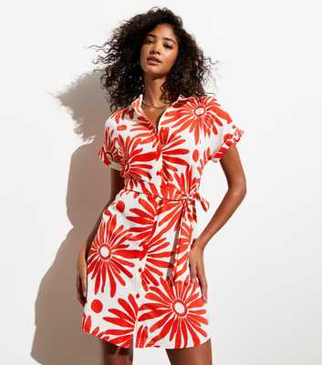 Red Tropical Print Belted Mini Shirt Dress