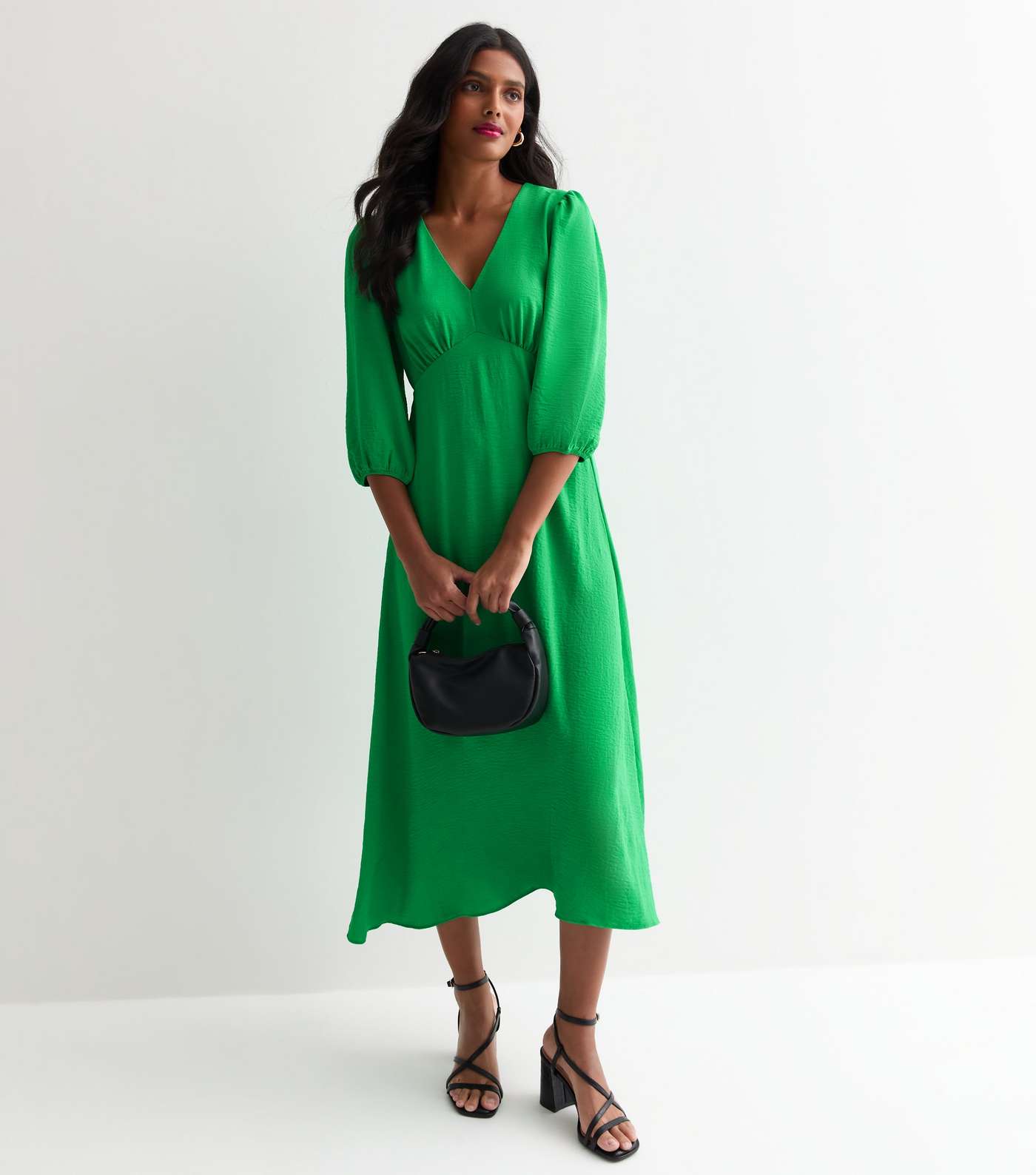 Green Satin V Neck Midi Dress Image 3