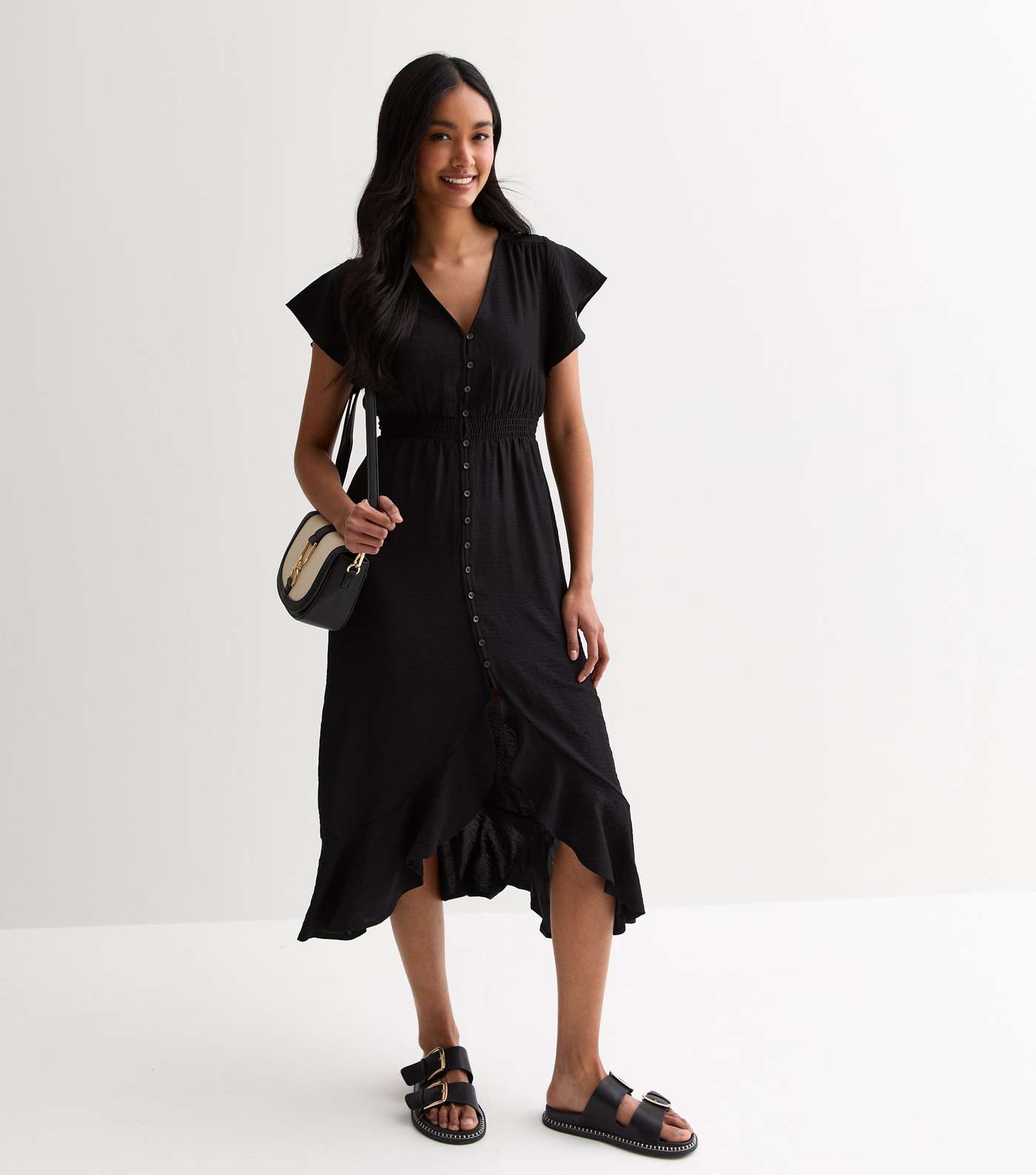 Black Shirred Waist Midi Dress Image 3