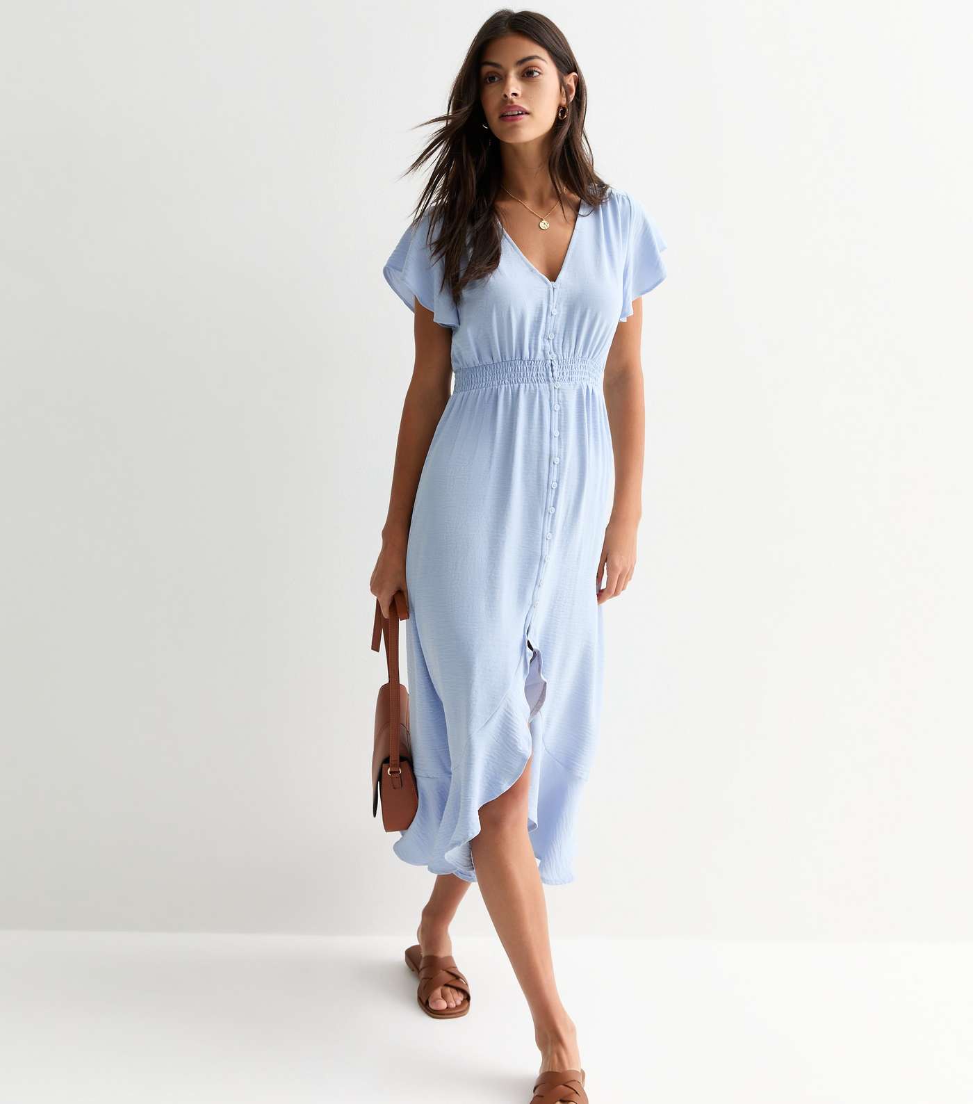 Pale Blue Shirred Waist Midi Dress Image 3