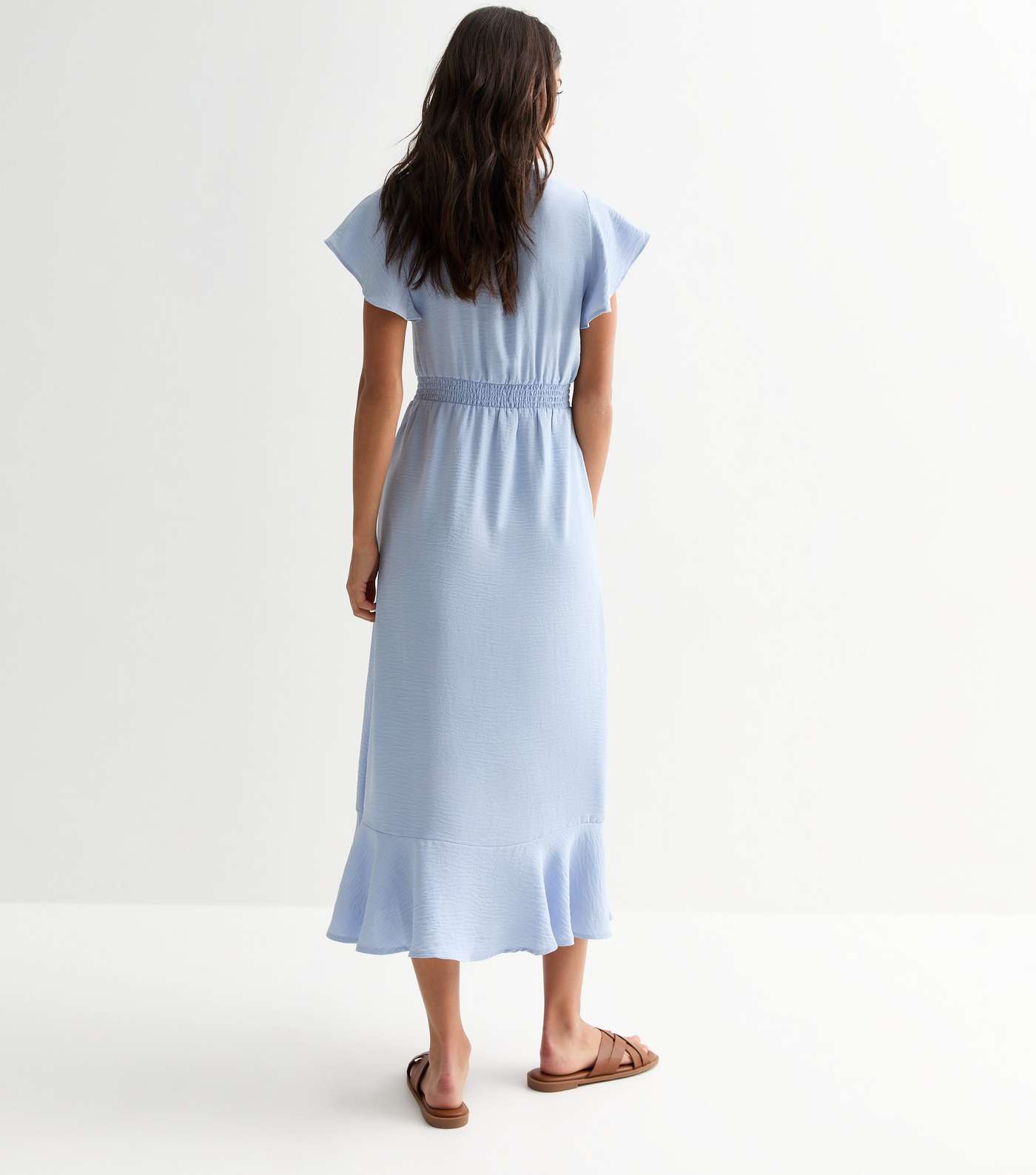 Pale Blue Shirred Waist Midi Dress Image 5