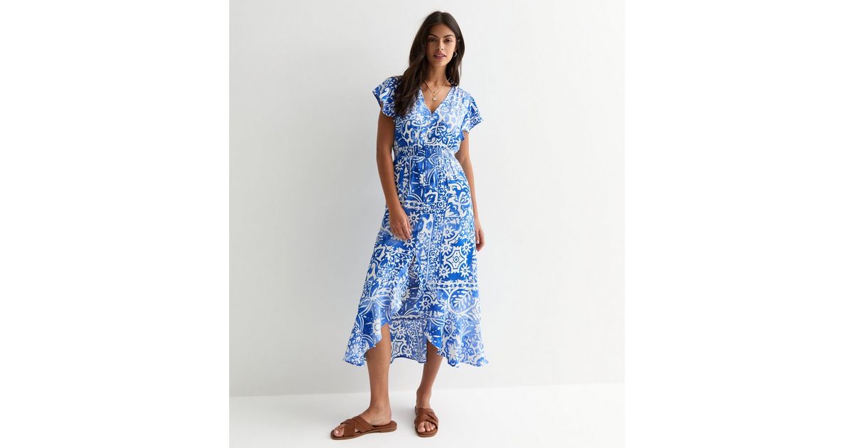 Blue Abstract Print Shirred Waist Midi Dress | New Look