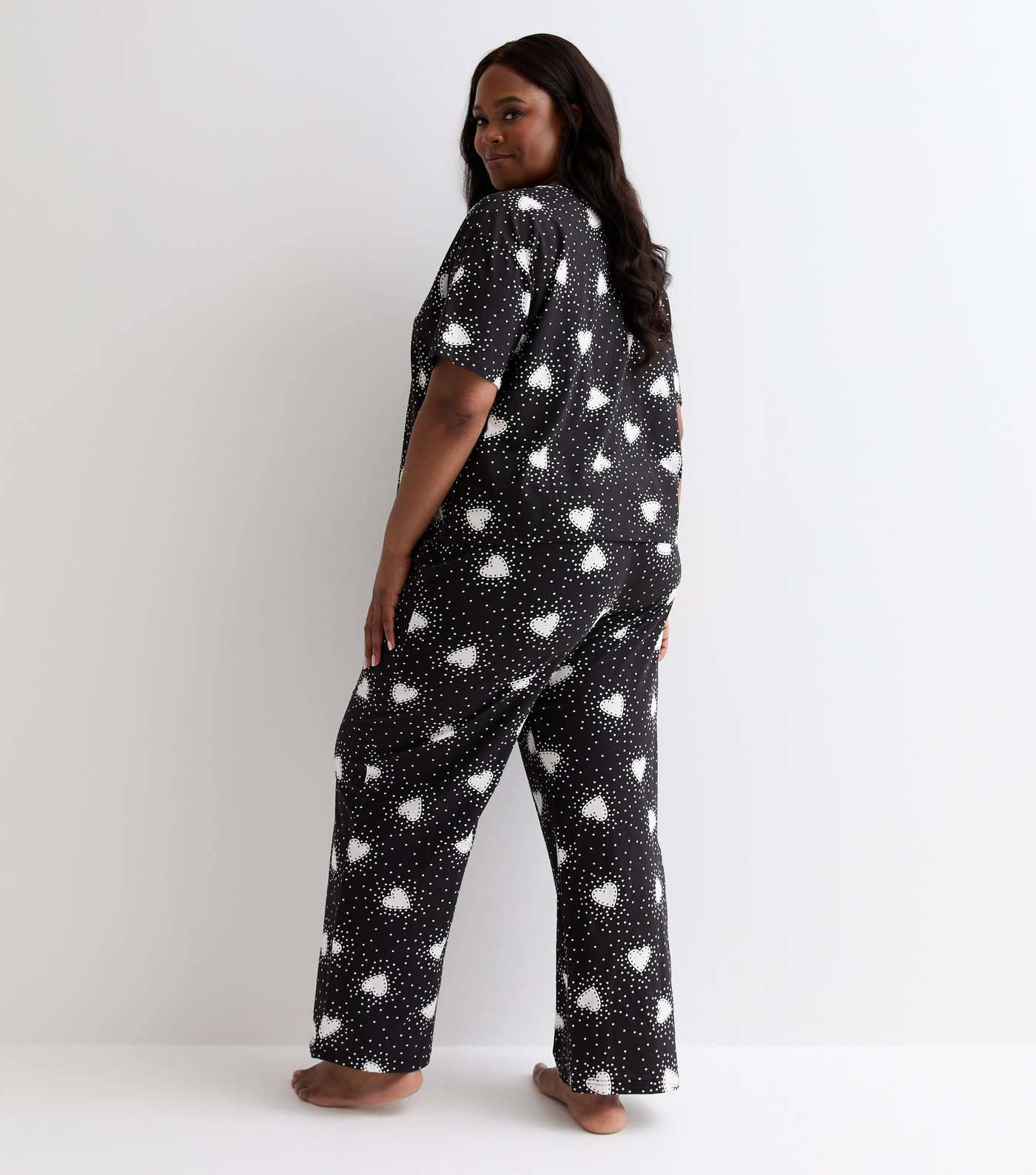 Curves Black Heart Print Wide Leg Trouser Pyjama Set Image 5