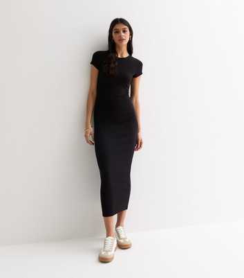 Black Ribbed Short Sleeve Midi Dress