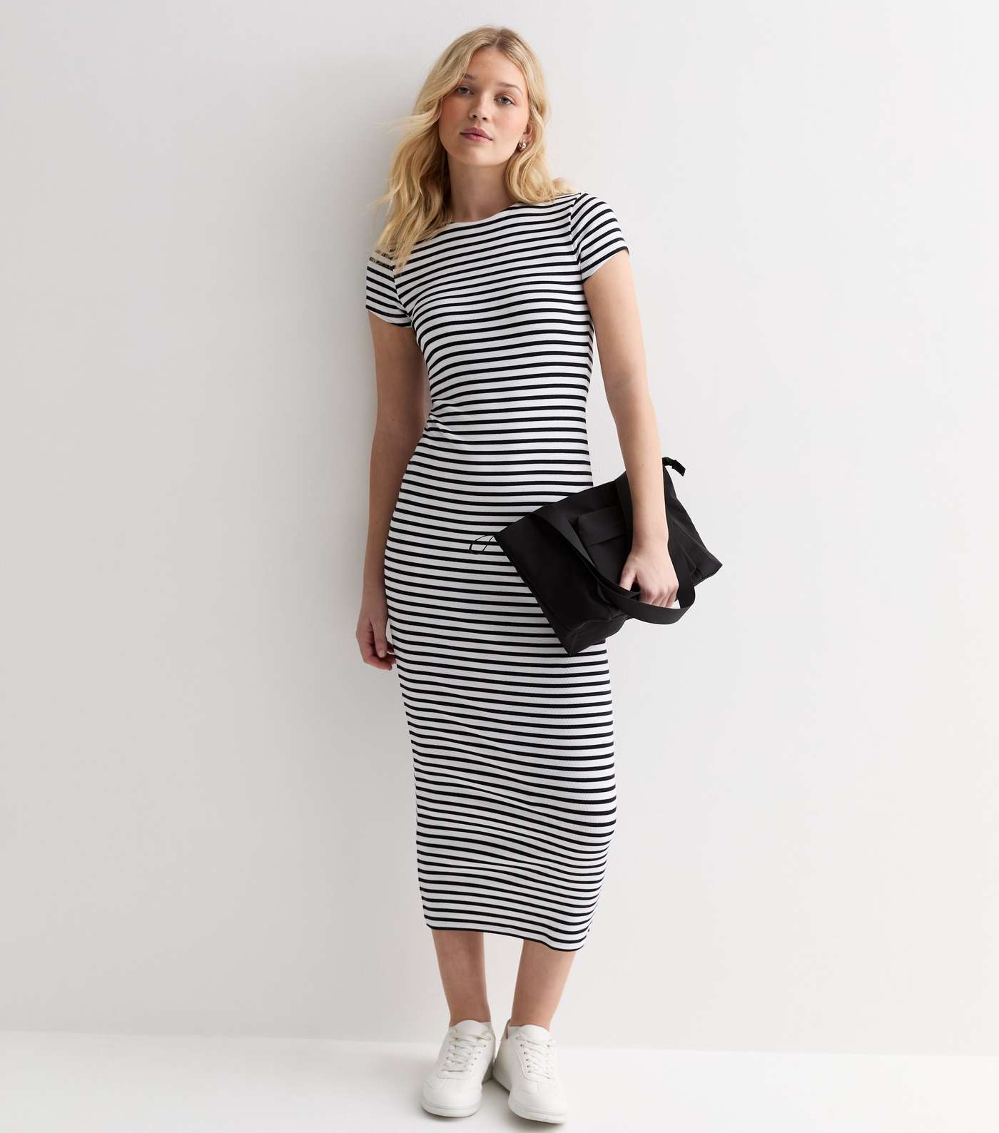White Stripe Ribbed Short Sleeve Midi Dress Image 3