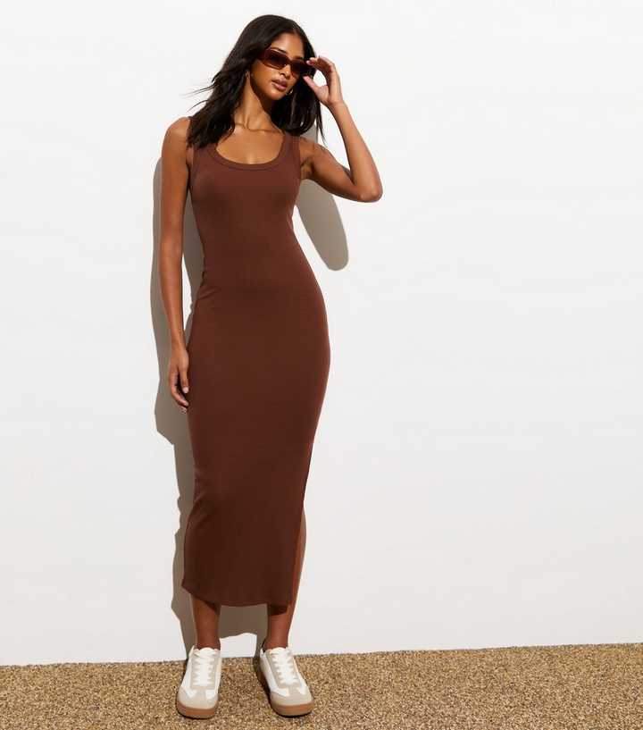 Dark Brown Ribbed Scoop Neck Split Hem Midi Dress