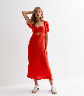 Red Twist Front Midi Dress