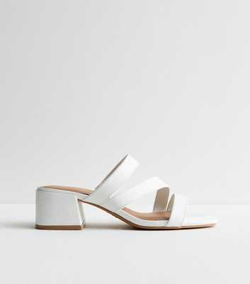 White Leather-Look Triple Strap Block Heel Mules