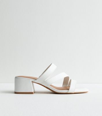 White Leather-Look Triple Strap Block Heel Mules