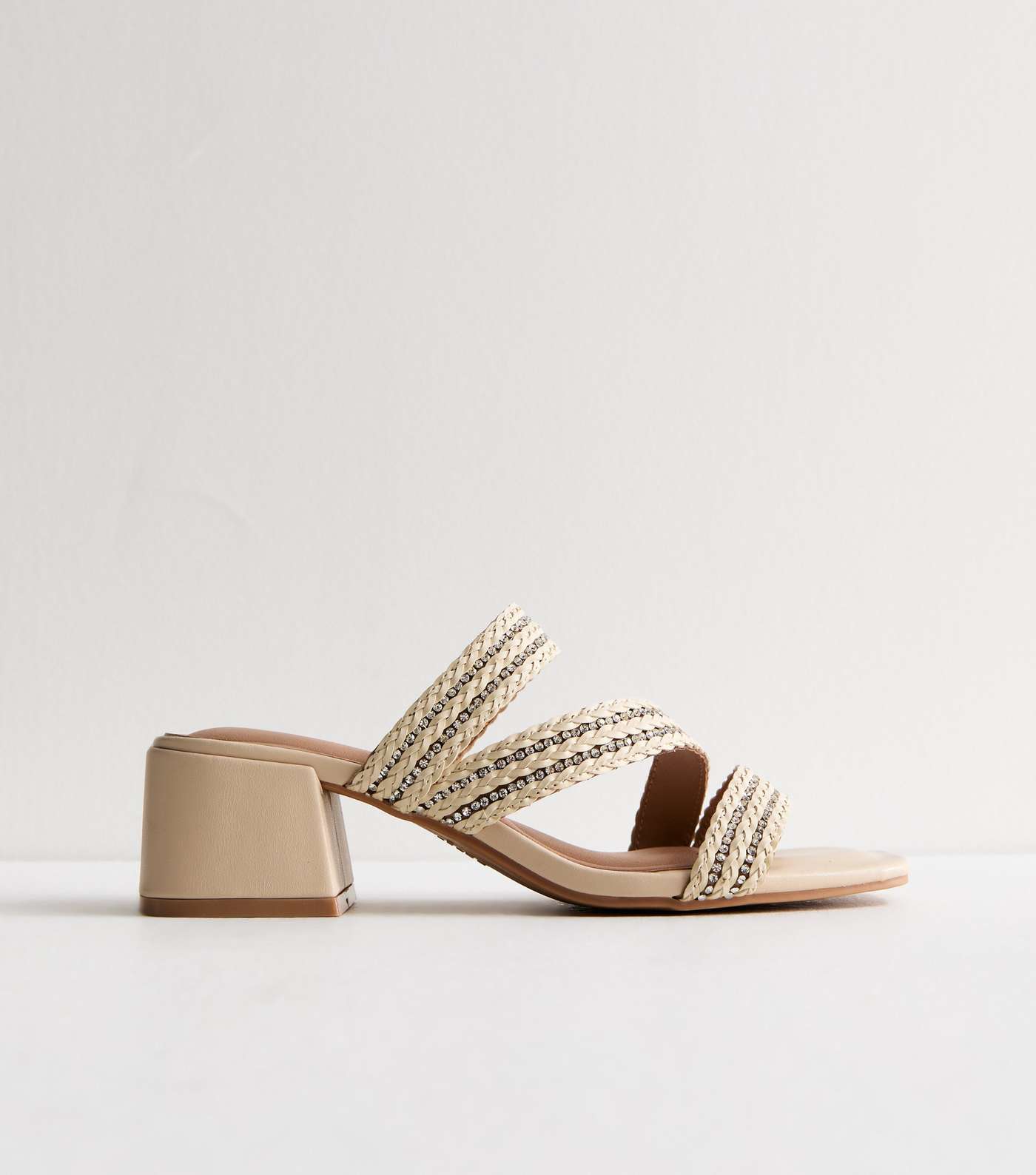 Off White Leather-Look Triple Strap Block Heel Mules Image 5