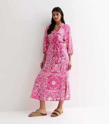Pink Tile Print Belted Midi Dress
