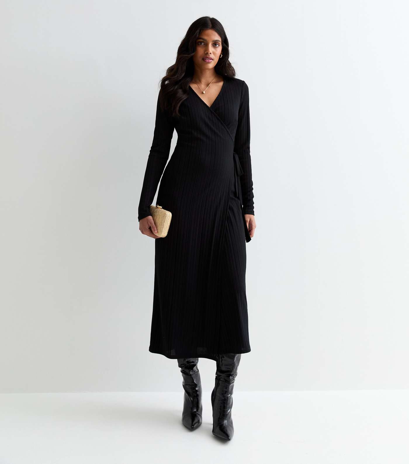 Black Ribbed Long Sleeve Wrap Midi Dress
