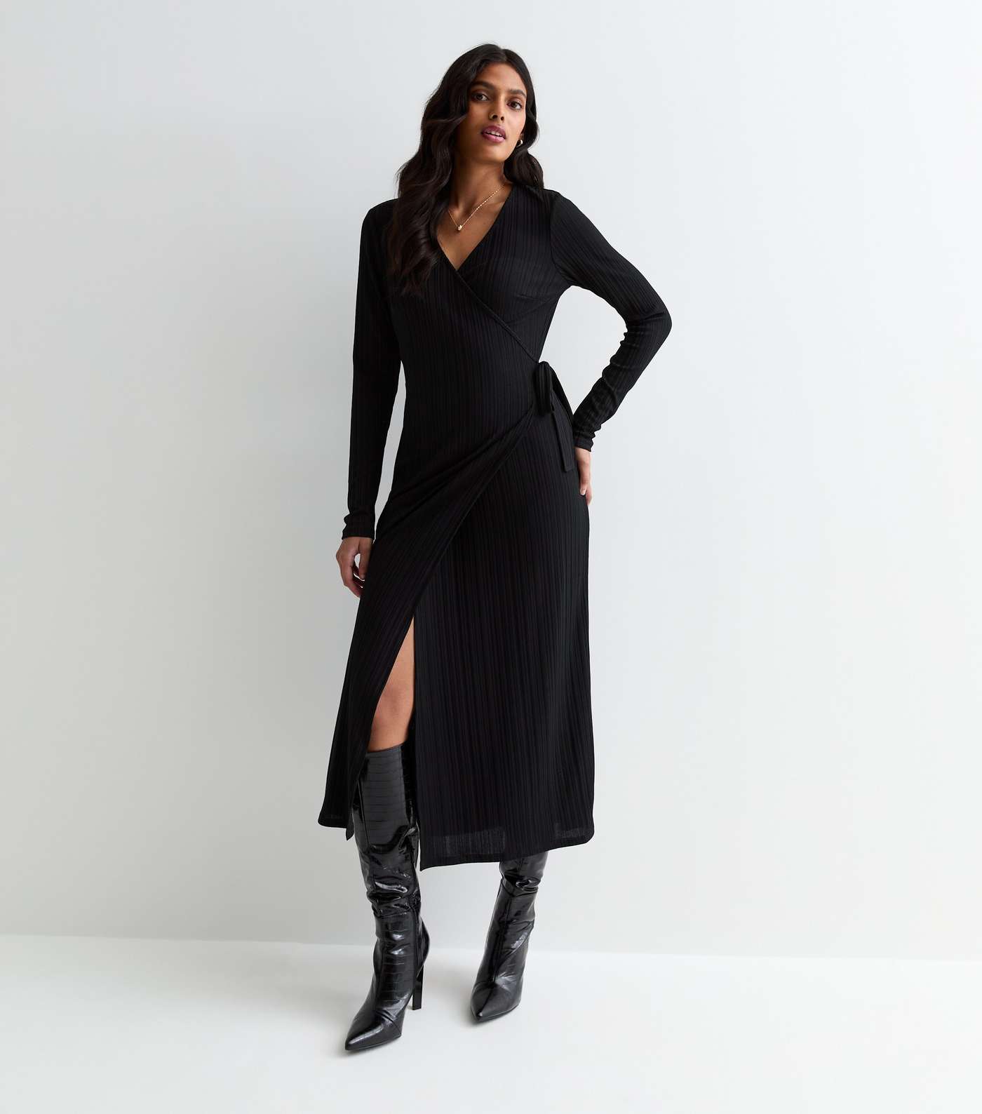 Black Ribbed Long Sleeve Wrap Midi Dress Image 3