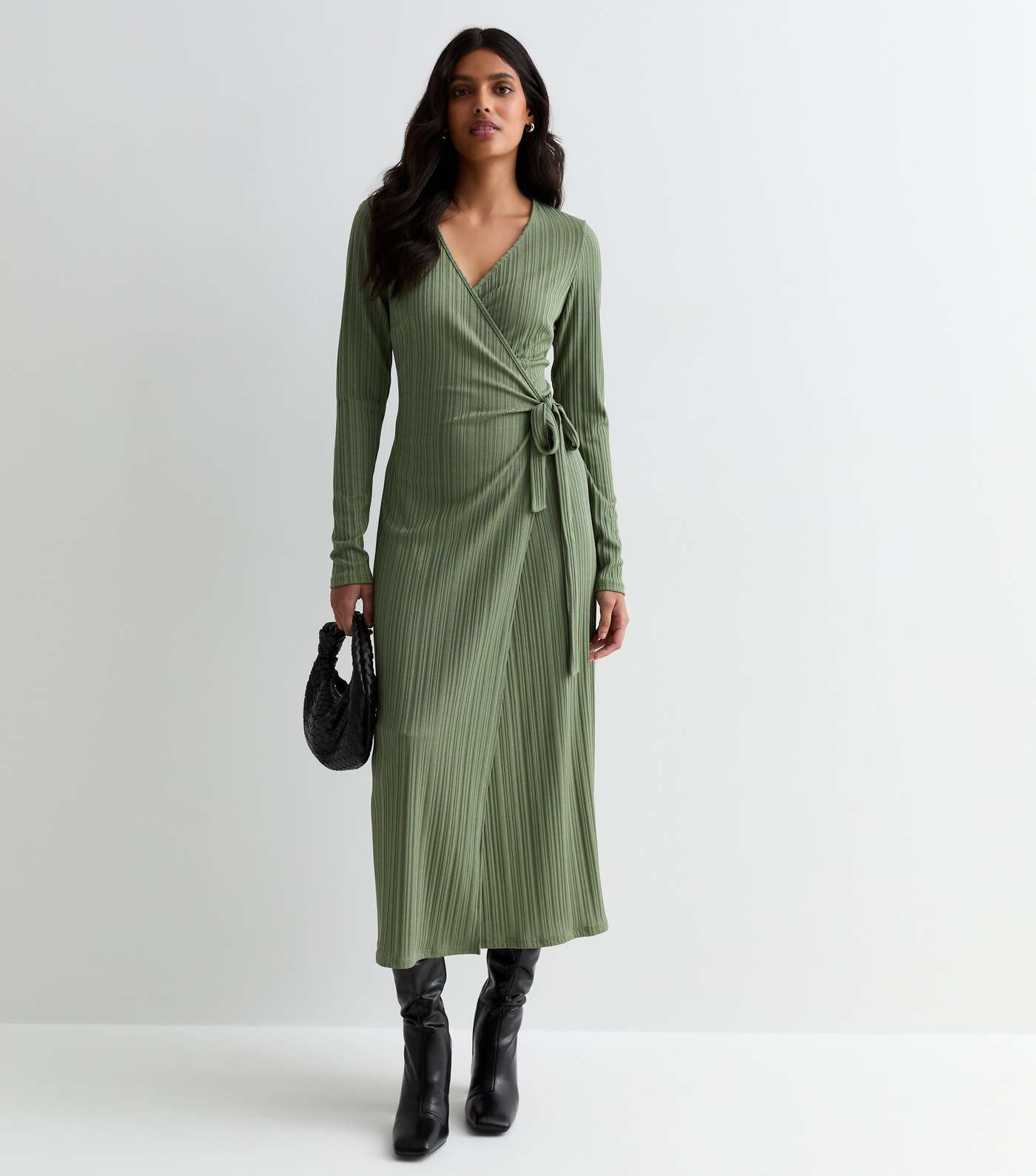 Khaki Ribbed Long Sleeve Wrap Midi Dress Image 3