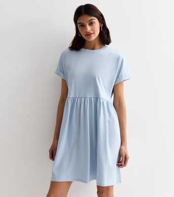 Pale Blue Cotton Short Sleeve Mini Smock Dress