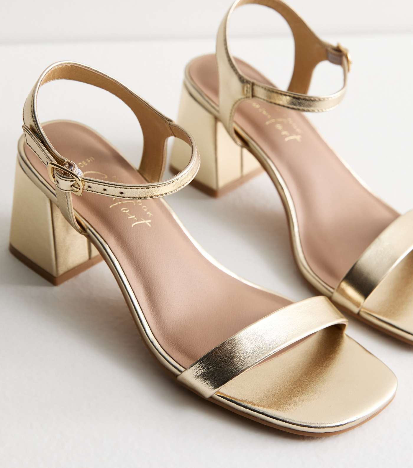 Wide Fit Gold Leather-Look 2 Part Block Heel Sandals Image 3