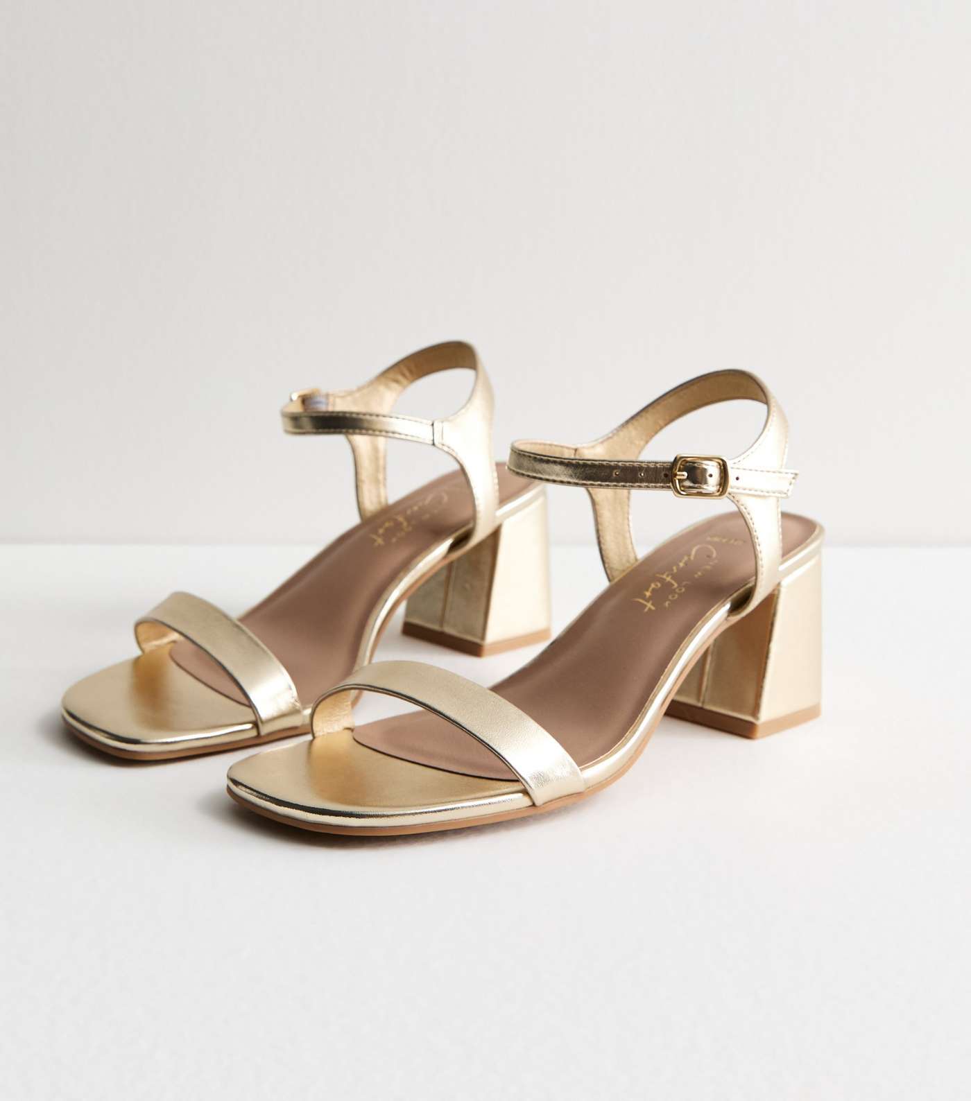 Wide Fit Gold Leather-Look 2 Part Block Heel Sandals Image 5