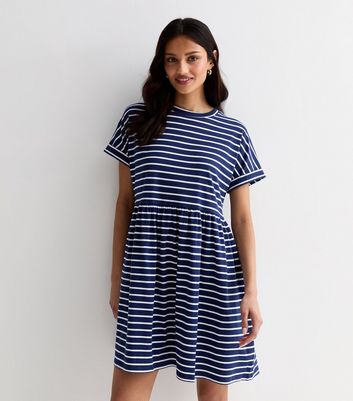 Blue Stripe Cotton Short Sleeve Mini Smock Dress New Look