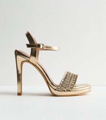 Gold Metallic 2 Part Woven Stiletto Heel Sandals New Look