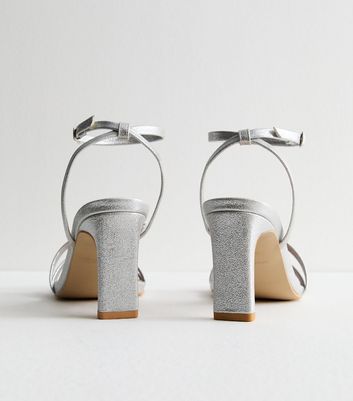 Silver Shimmer Strappy Slim Block Heel Sandals New Look