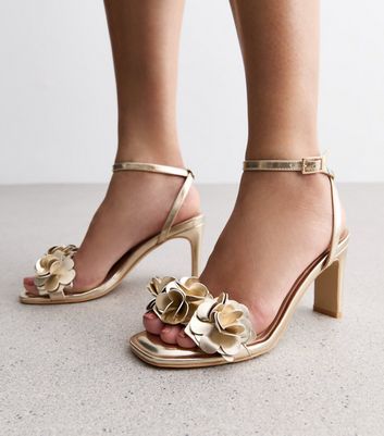 Gold Flower 2 Part Slim Block Heel Sandals New Look