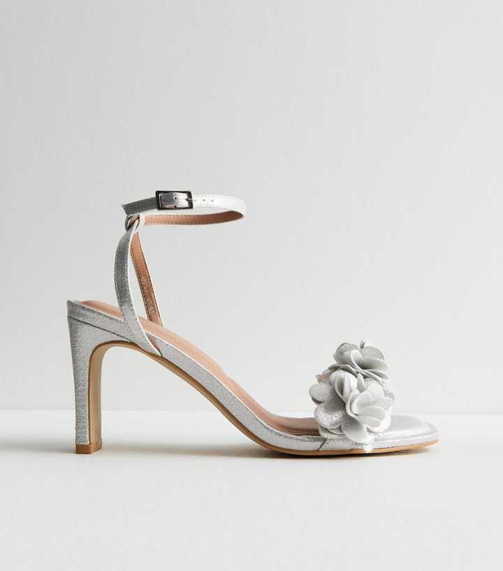 Silver Shimmer Flower Slim Block Heel Sandals