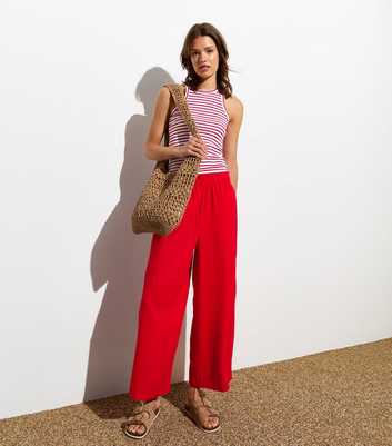 Tall Red Cropped Linen-Blend Trousers