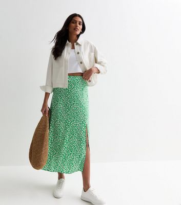 Green Floral Split Hem Midi Skirt New Look