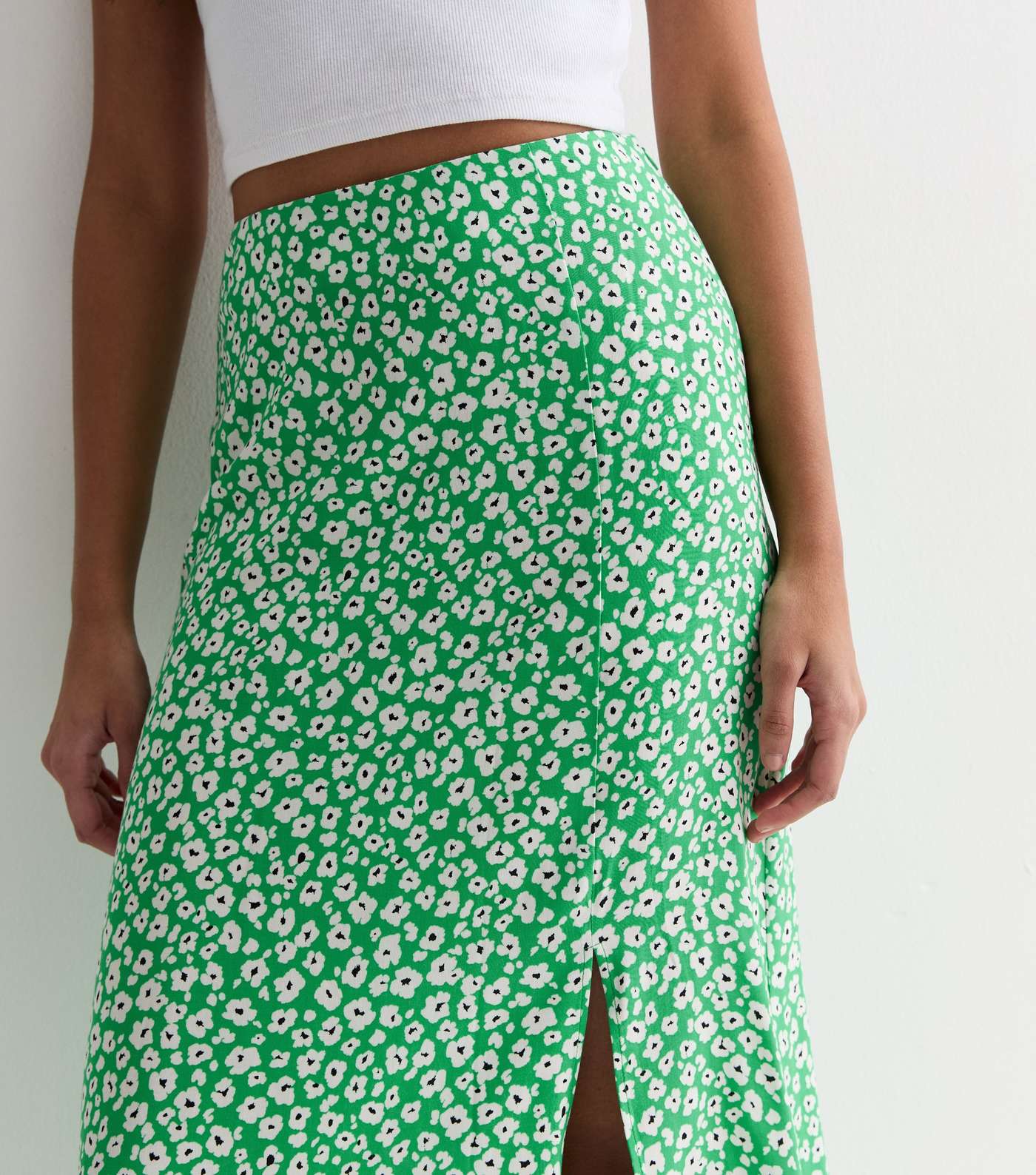 Green Floral Split Hem Midi Skirt Image 2