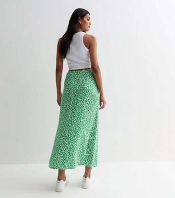 Green Floral Split Hem Midi Skirt New Look