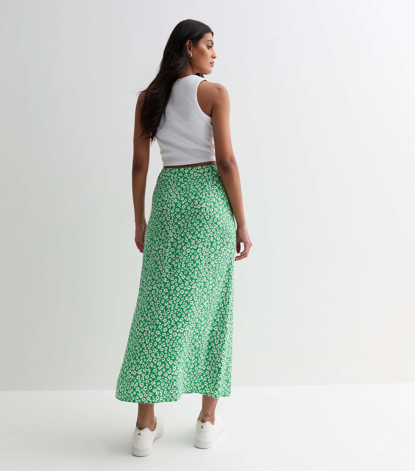 Green Floral Split Hem Midi Skirt Image 4