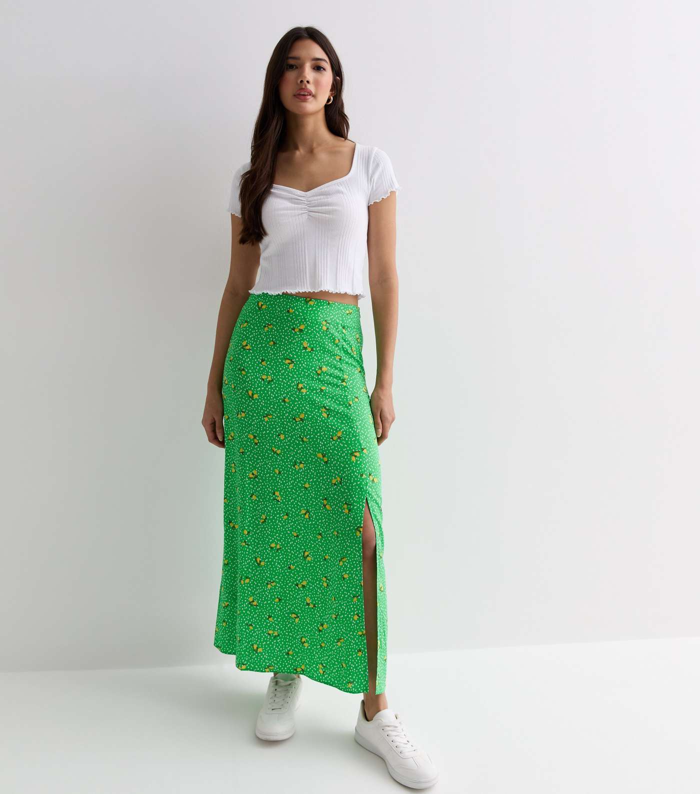 Green Lemon Spot Print Split Hem Midi Skirt Image 3