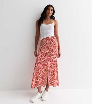 Red Floral Split Hem Midi Skirt