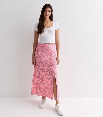 Pink Floral Split Hem Midi Skirt New Look