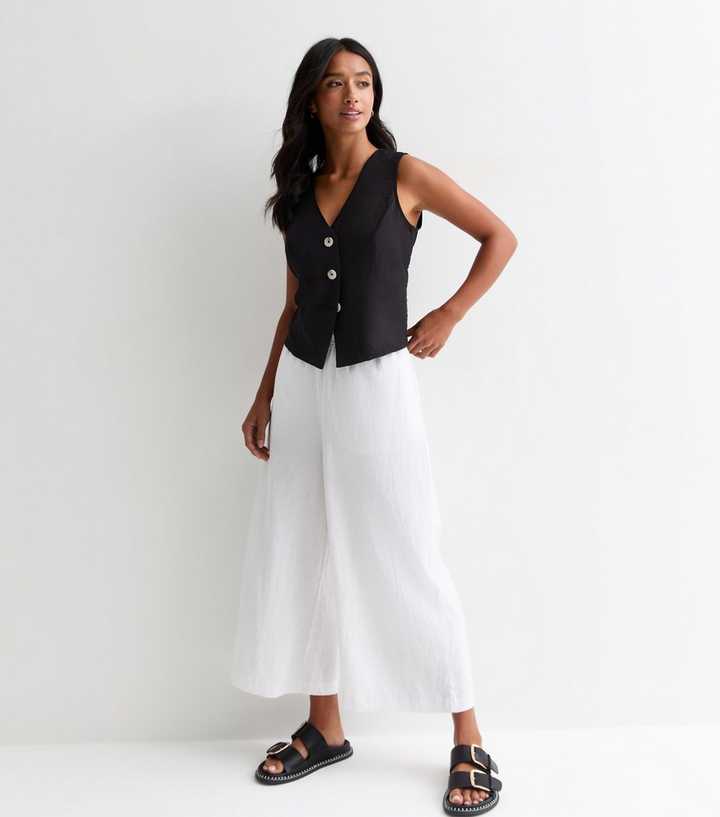 Petite White Linen Blend Cropped Wide Leg Trousers