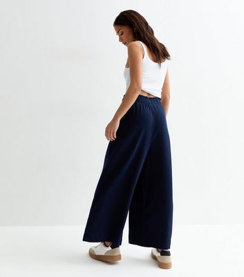 Petite Navy Linen Blend Cropped Wide Leg Trousers New Look