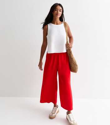 Petite Red Linen Blend Cropped Wide Leg Trousers