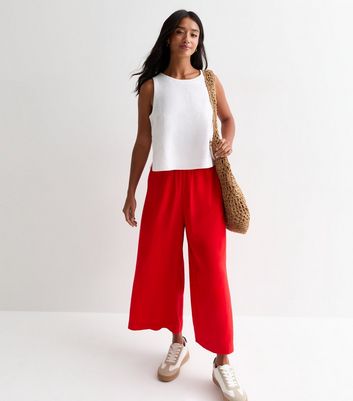 Petite Red Linen Blend Cropped Wide Leg Trousers New Look