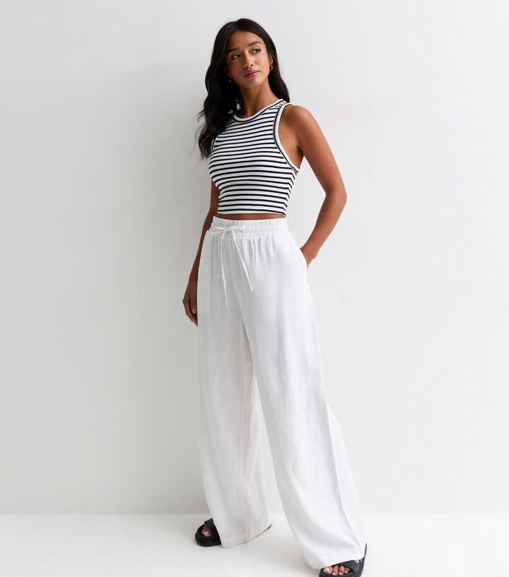 Petite White Linen Blend Wide Leg Trousers