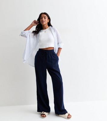Petite Navy Linen Blend Wide Leg Trousers